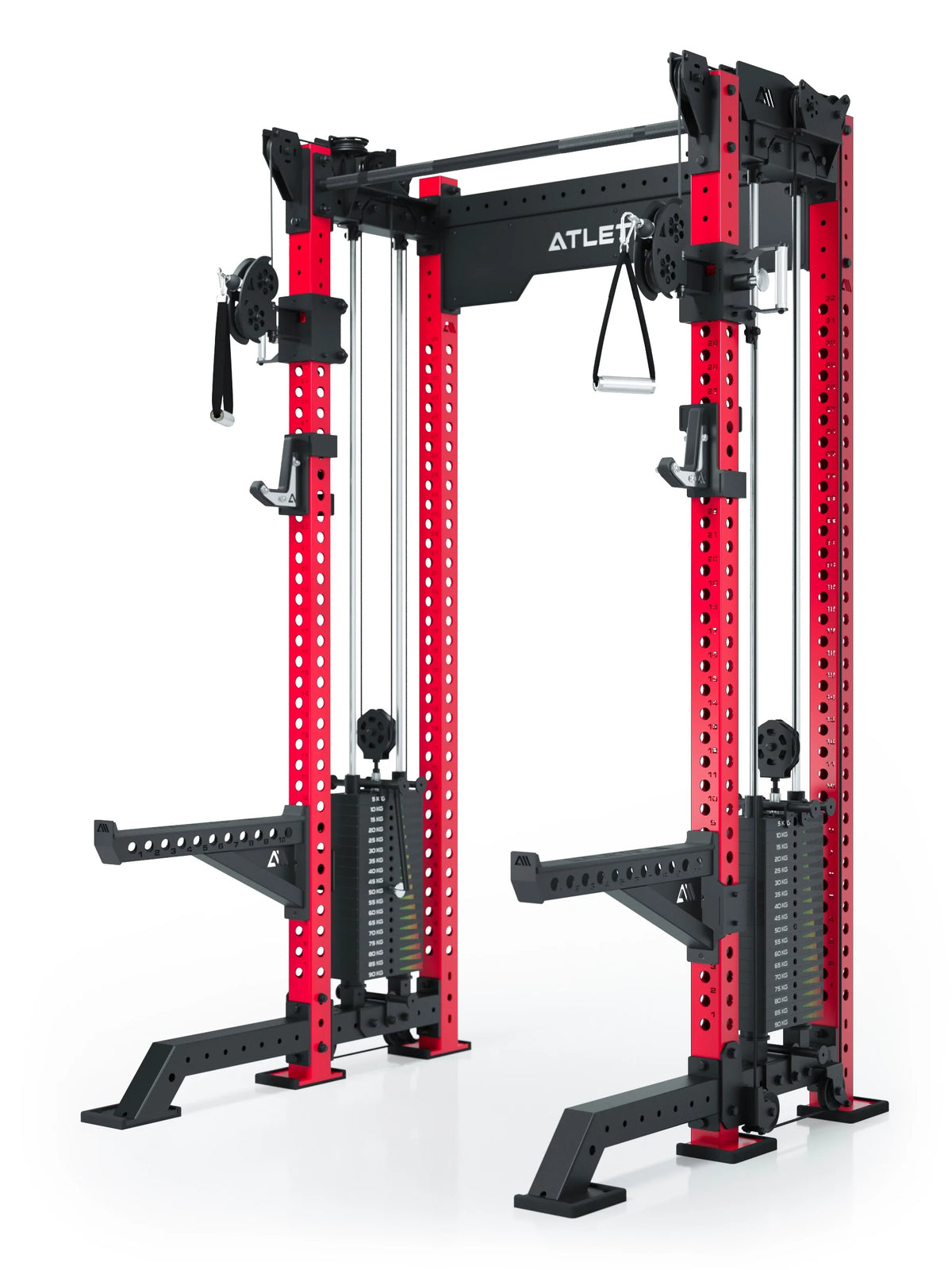 R8 Bradley Power Rack - red cage with weight stack, pull-up bar, cable pulley