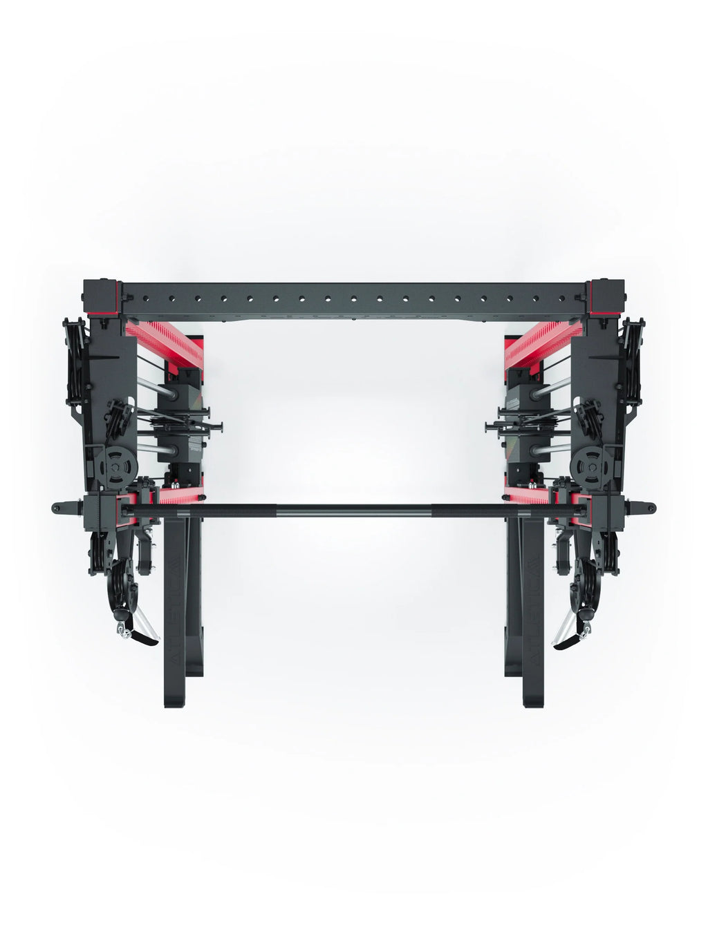 R8 Bradley Power Rack - black Power Cage with red accents, weight plate holder, cable pulley 