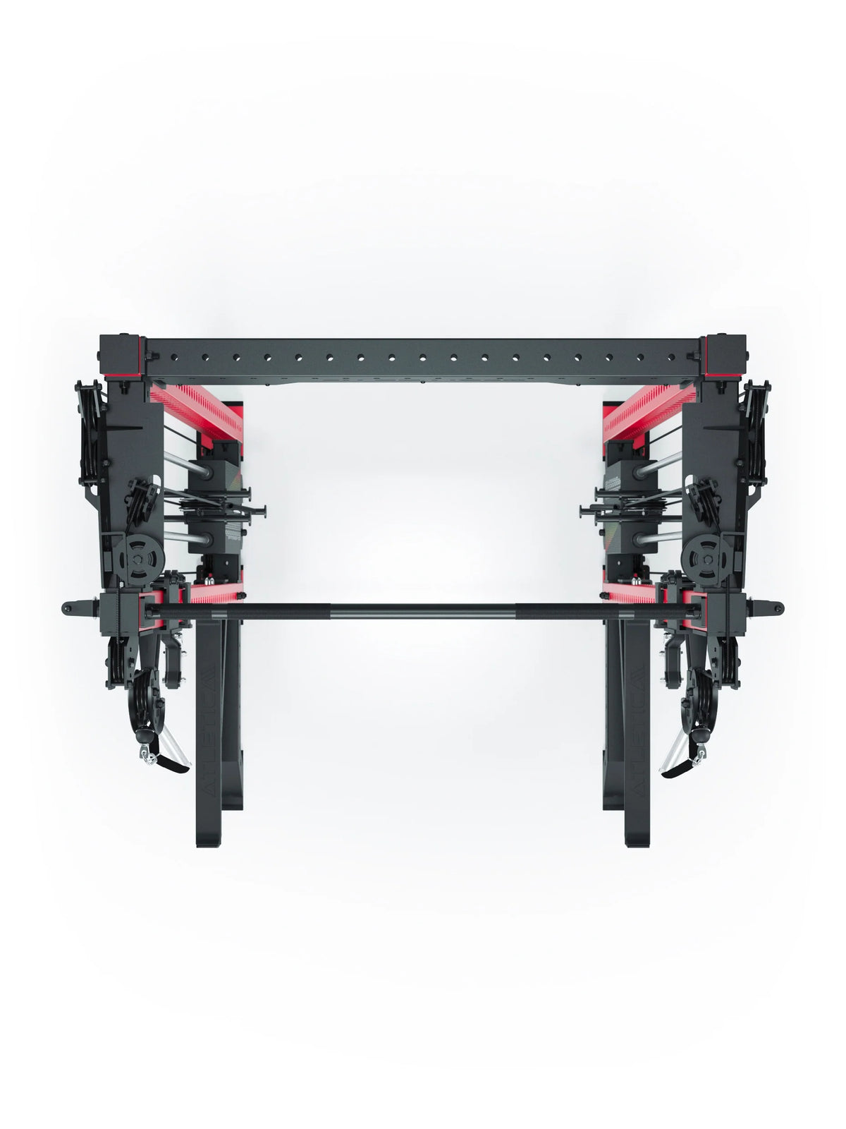 R8 Bradley Power Rack - black Power Cage with red accents, weight plate holder, cable pulley 