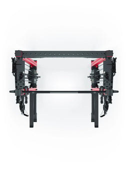 R8 Bradley Power Rack - black Power Cage with red accents, weight plate holder, cable pulley 