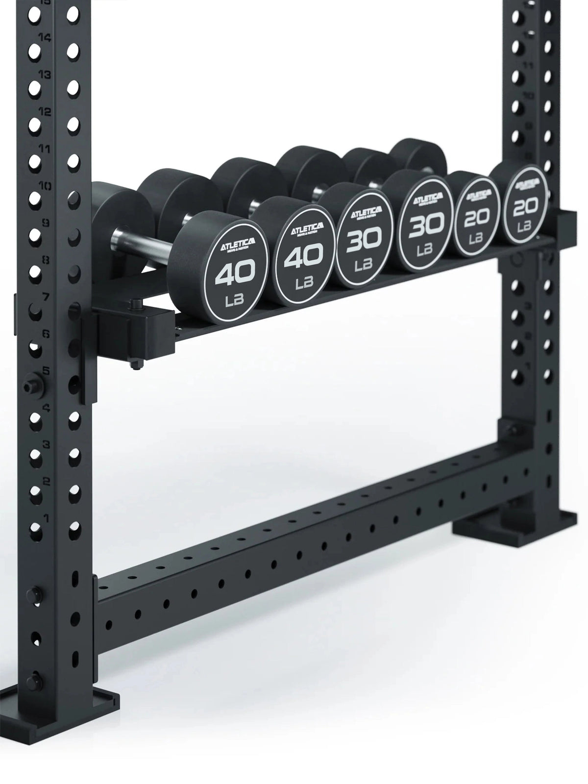 R8 Power Rack Storage for Dumbbells - with resting Atletica Round Dumbbells 20 lb to 40 lb in the rack