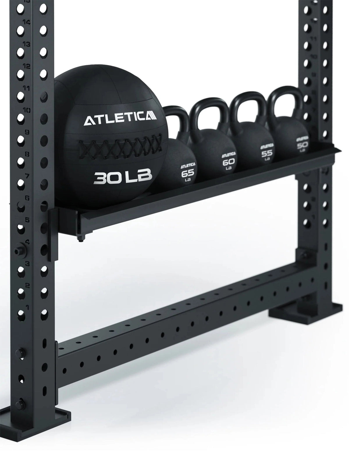 Atletica R8 Storage Shelf for Kettlebells with Kettlebells and Wall Ball on the Rack