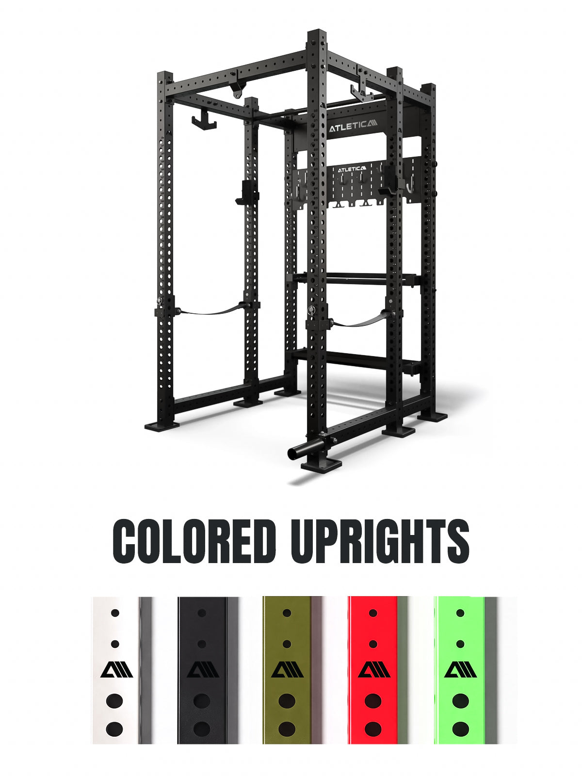 Atletica R8 Utile power rack in black with color options for uprights: white, black, green, red