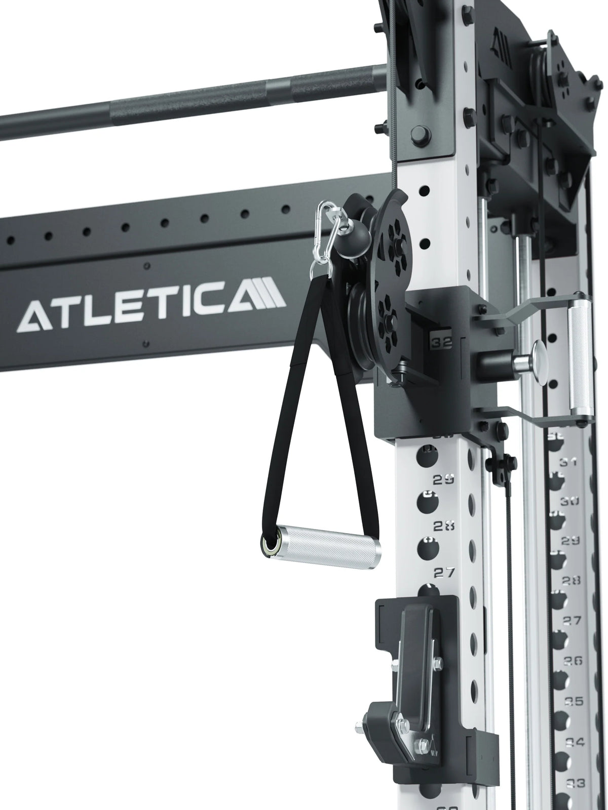 R8 Bradley Power Rack - Cable Pulley with Handle, Perforated Sheet with Numbers, Logo on Cross Strut