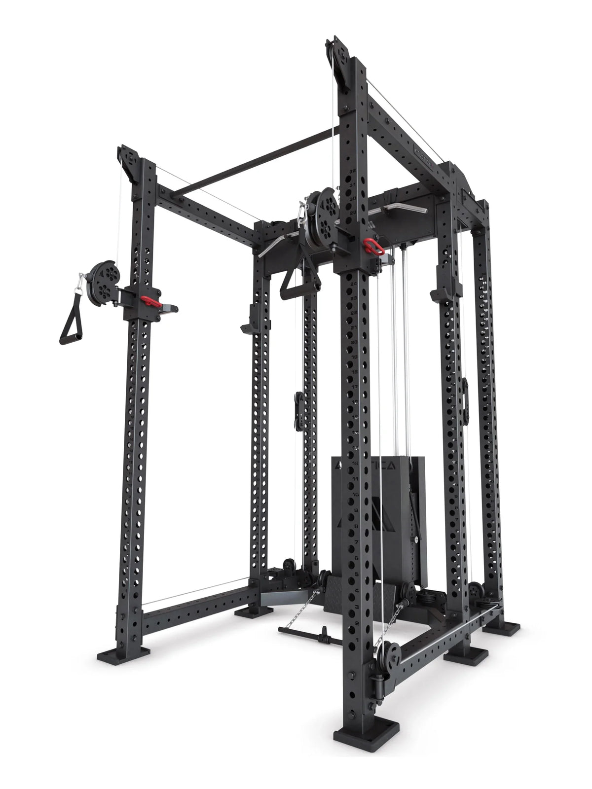 R8 Alpha Power Rack lateral perspective - black construction with dual cable pulley with weight stack