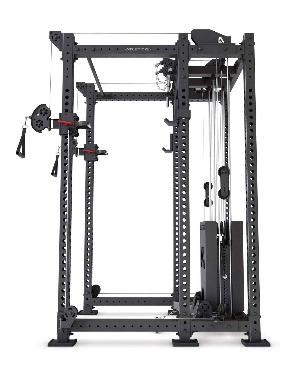 R8 Alpha Power Rack - side view cable tower with weight stack and guide rails