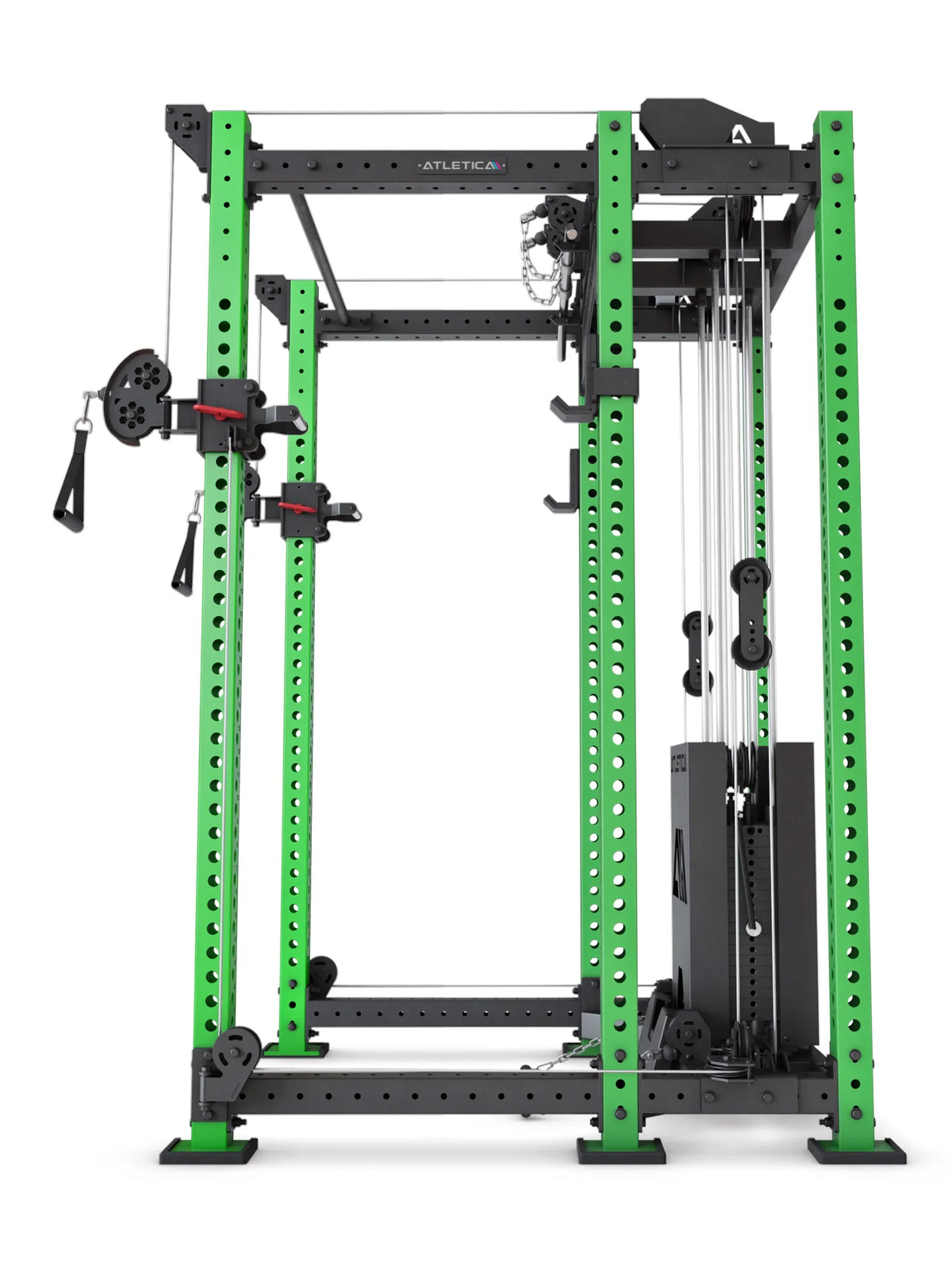 R8 Alpha Power Rack - side view cable tower with weight stack and guide rails
