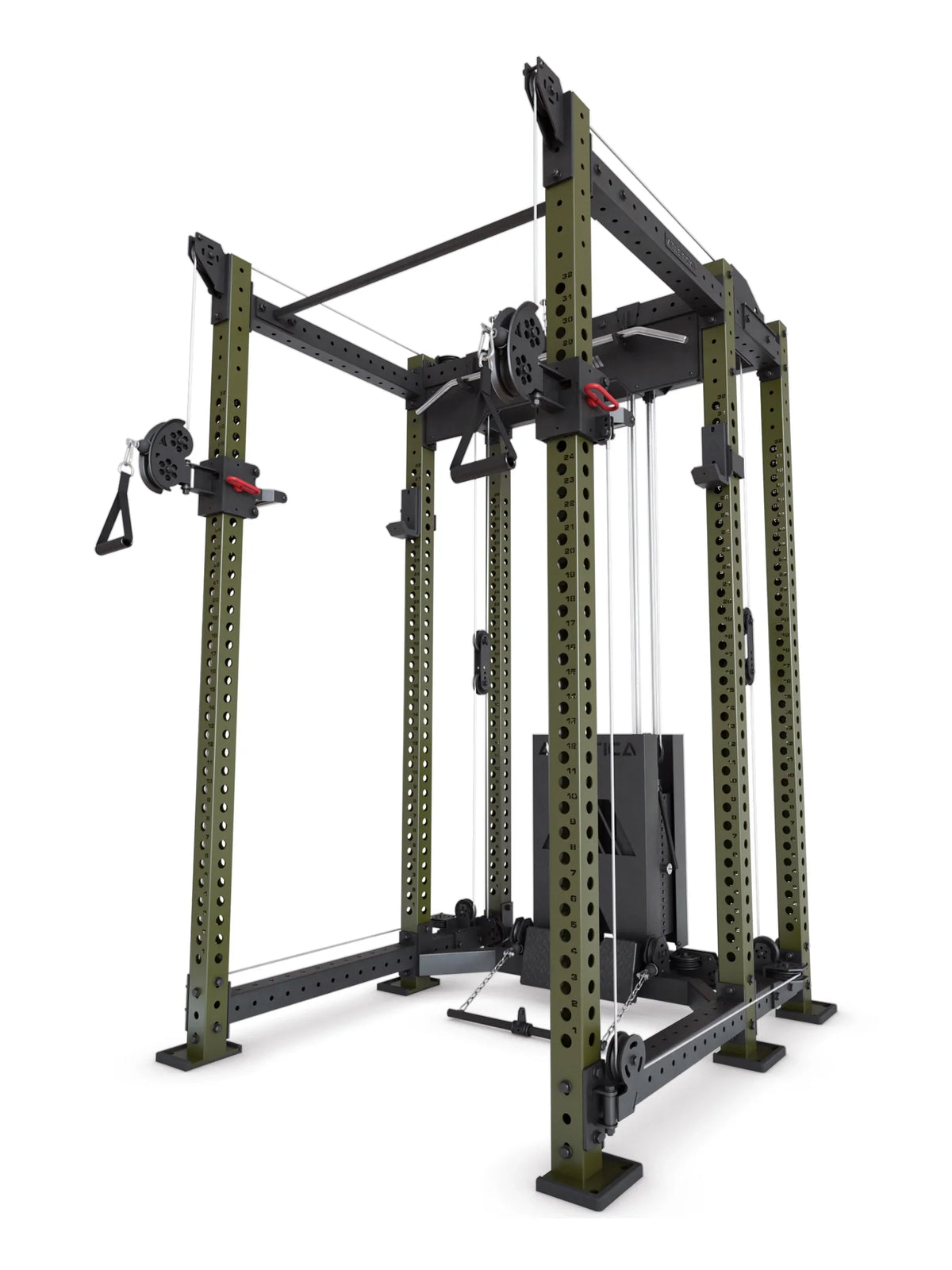 R8 Alpha Power Rack side perspective - with dual Cable Pulley with plug-in weights