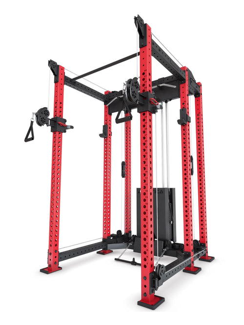 R8 Alpha Power Rack color option Sportscar Red, red uprights with black cable crossover and weight stack