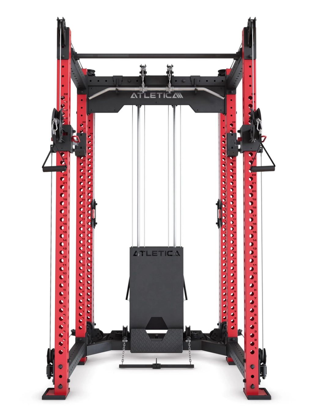 R8 Alpha Power Rack in Sportscar Red, front view with lat pulldown cables and central selectorized weight stack