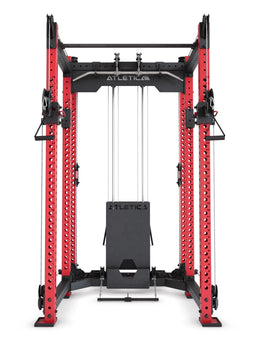 R8 Alpha Power Rack in Sportscar Red, front view with lat pulldown cables and central selectorized weight stack