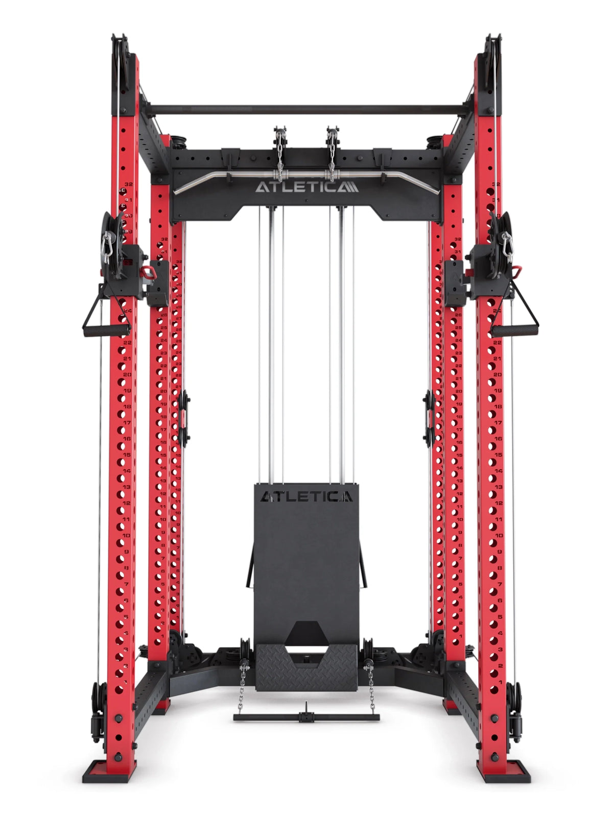 R8 Alpha Power Rack in Sportscar Red, front view with lat pulldown cables and central selectorized weight stack