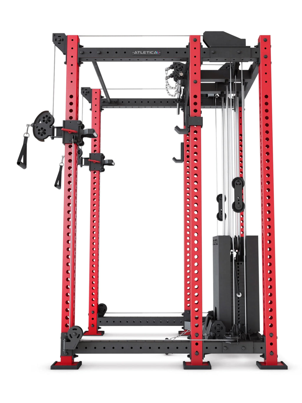 R8 Alpha Power Rack in Sportscar Red from the side, showing J-hooks, cable pulley arm and rear weight stack