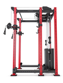R8 Alpha Power Rack in Sportscar Red from the side, showing J-hooks, cable pulley arm and rear weight stack