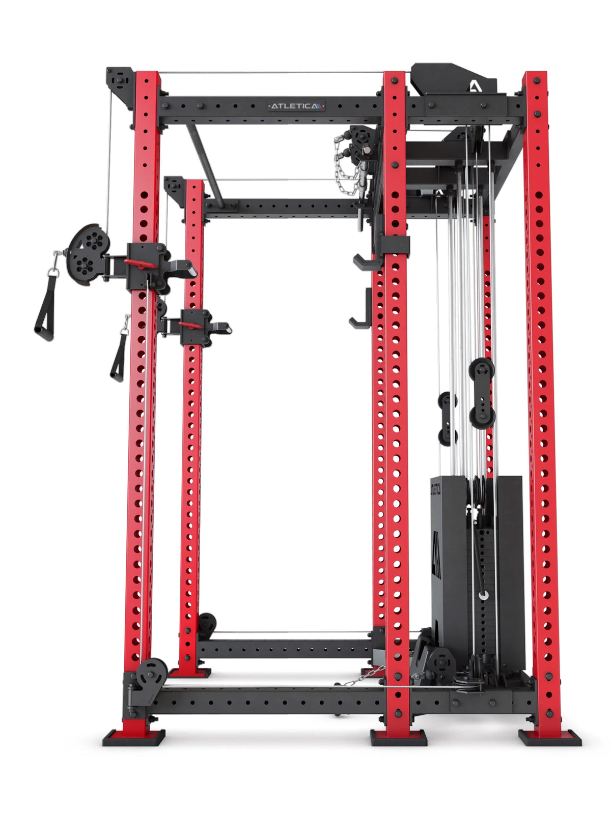 R8 Alpha Power Rack - side view cable tower with weight stack and guide rails