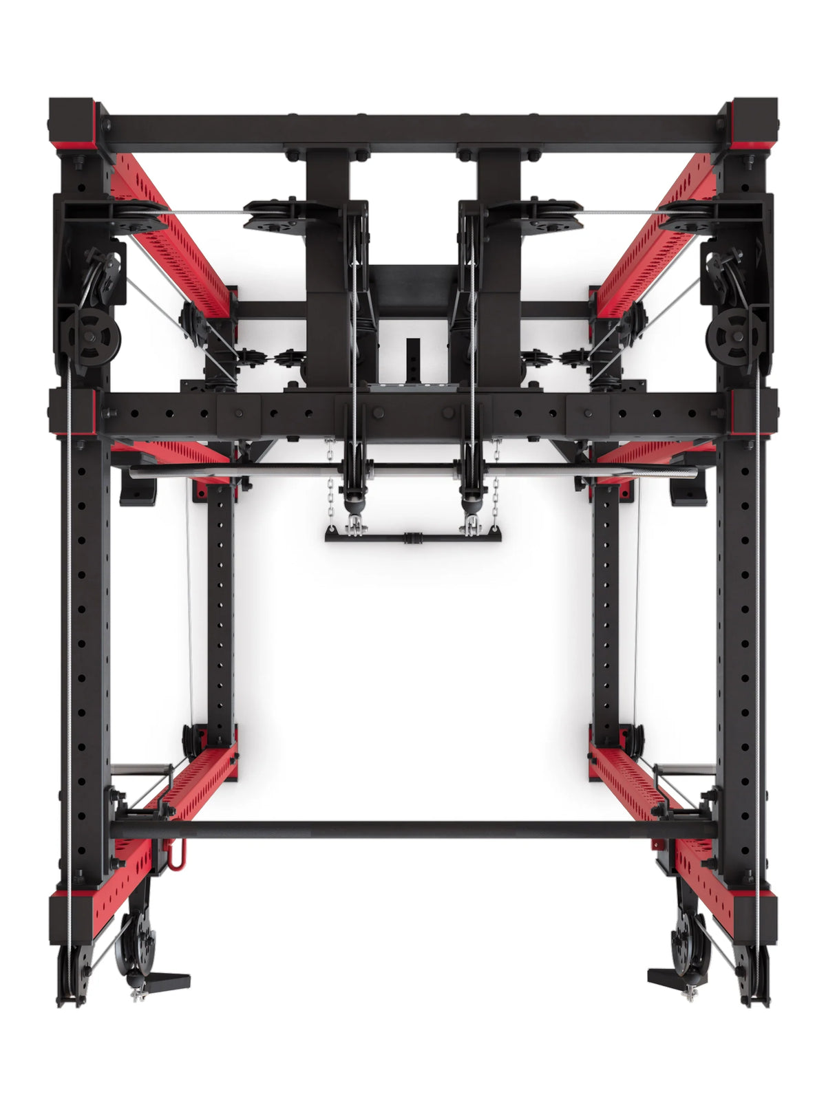R8 Alpha Power Rack - top view frame structure with pulleys and cable system
