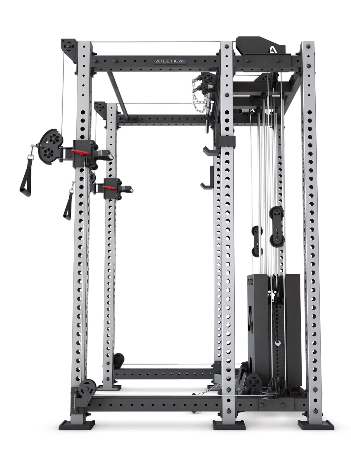 R8 Alpha Power Rack - side view cable tower with weight stack and guide rails