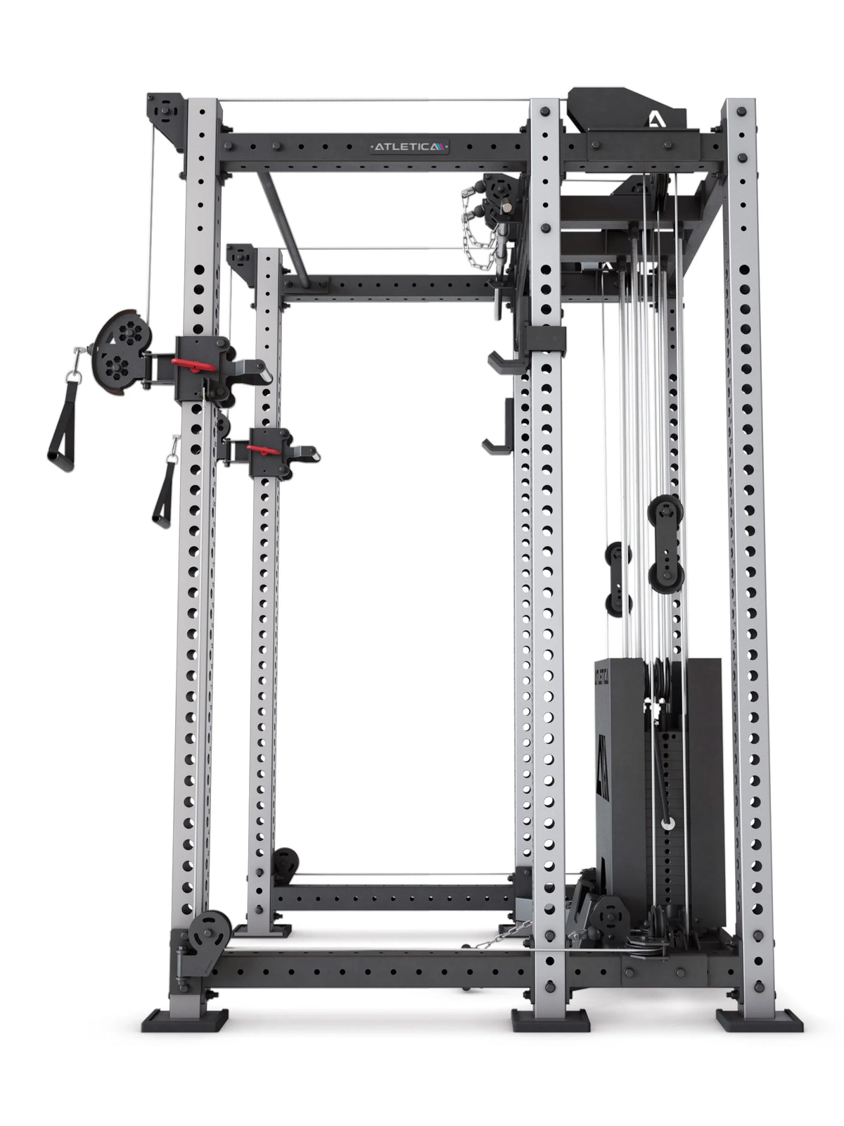 R8 Alpha Power Rack - side view cable tower with weight stack and guide rails