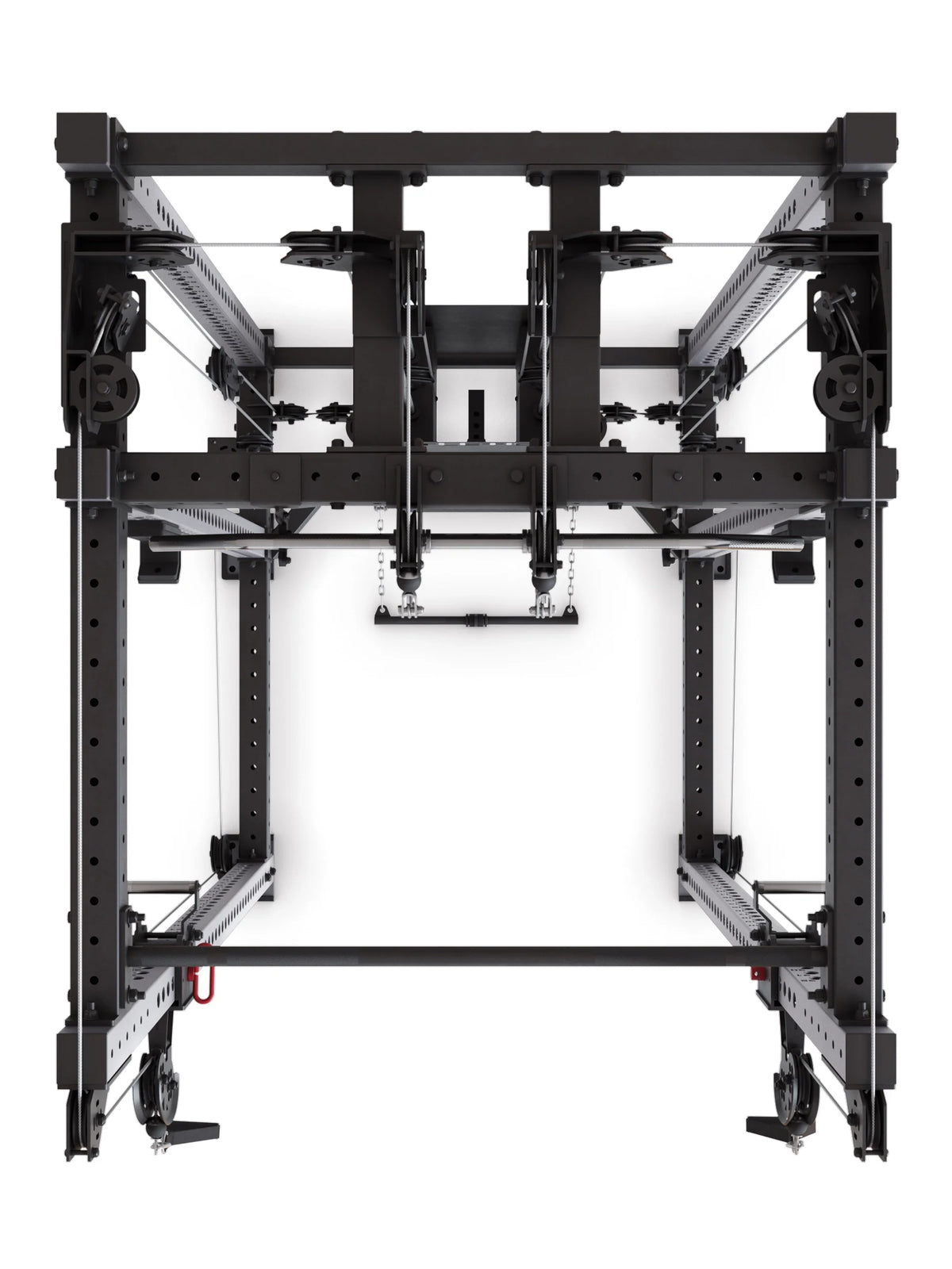 R8 Alpha Power Rack - top view frame structure with pulleys and cable system