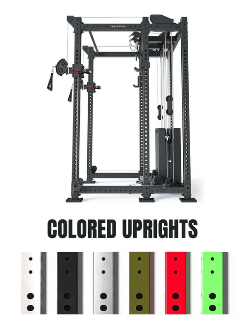R8 Alpha Power Rack graphic with the available colored upright options