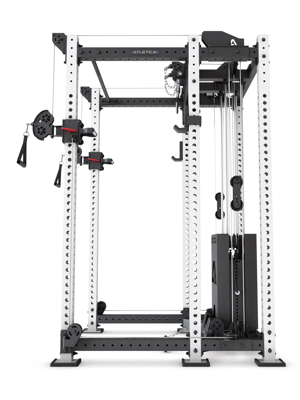 R8 Alpha Power Rack - side view cable tower with weight stack and guide rails