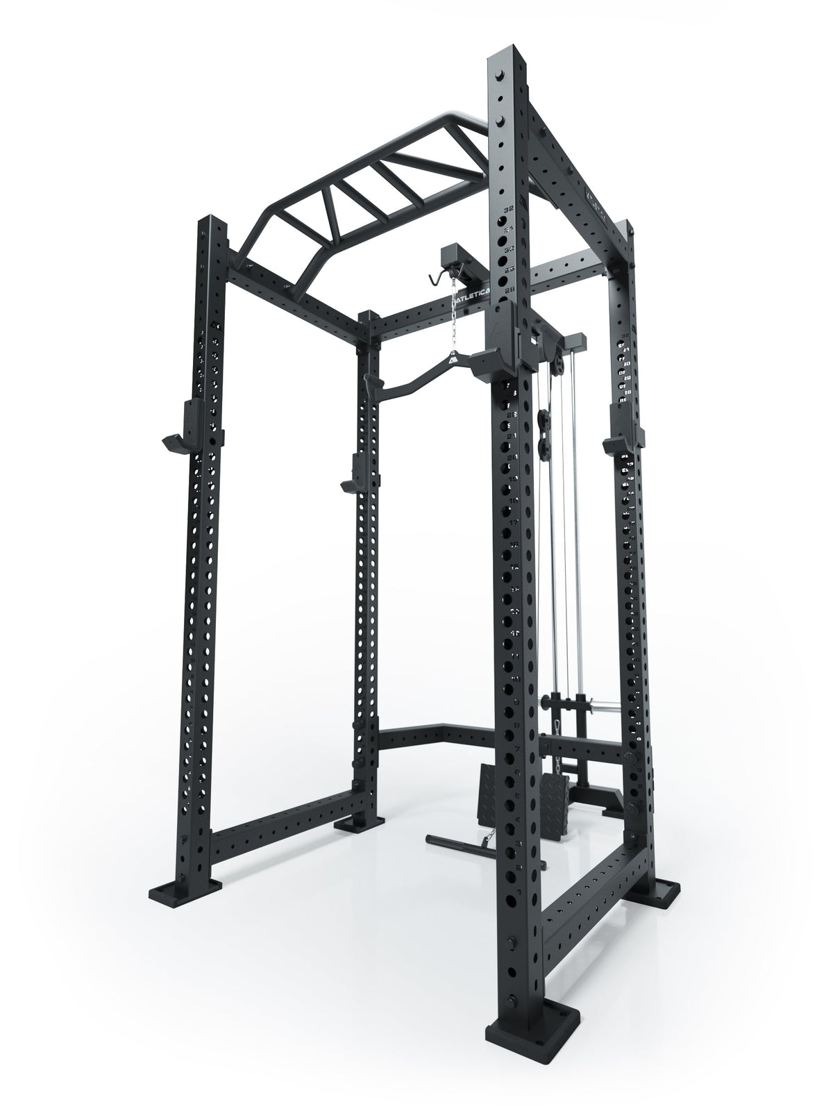 Atletica R8 BlackHawk power rack, black, angled view