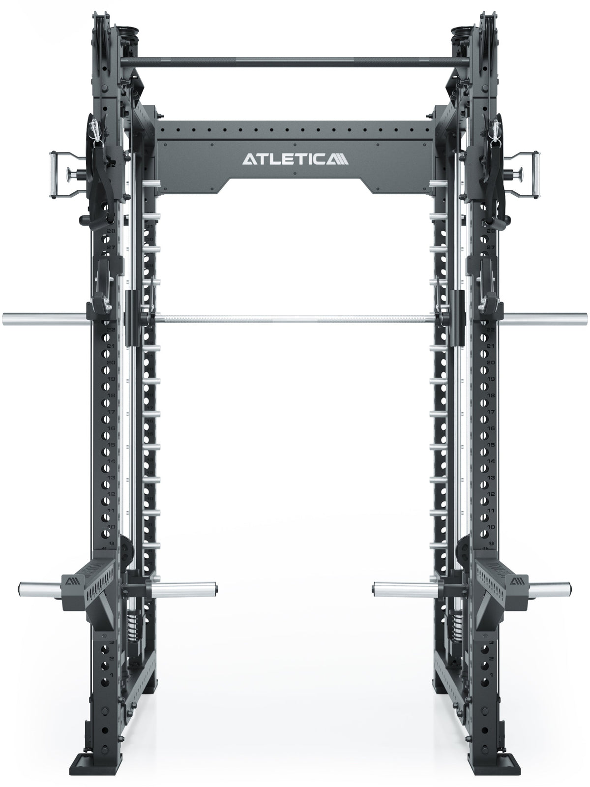 R8 Bradley Power Rack Combat Long Plate Loaded with barbell, safety rests and 50-mm plate holders 