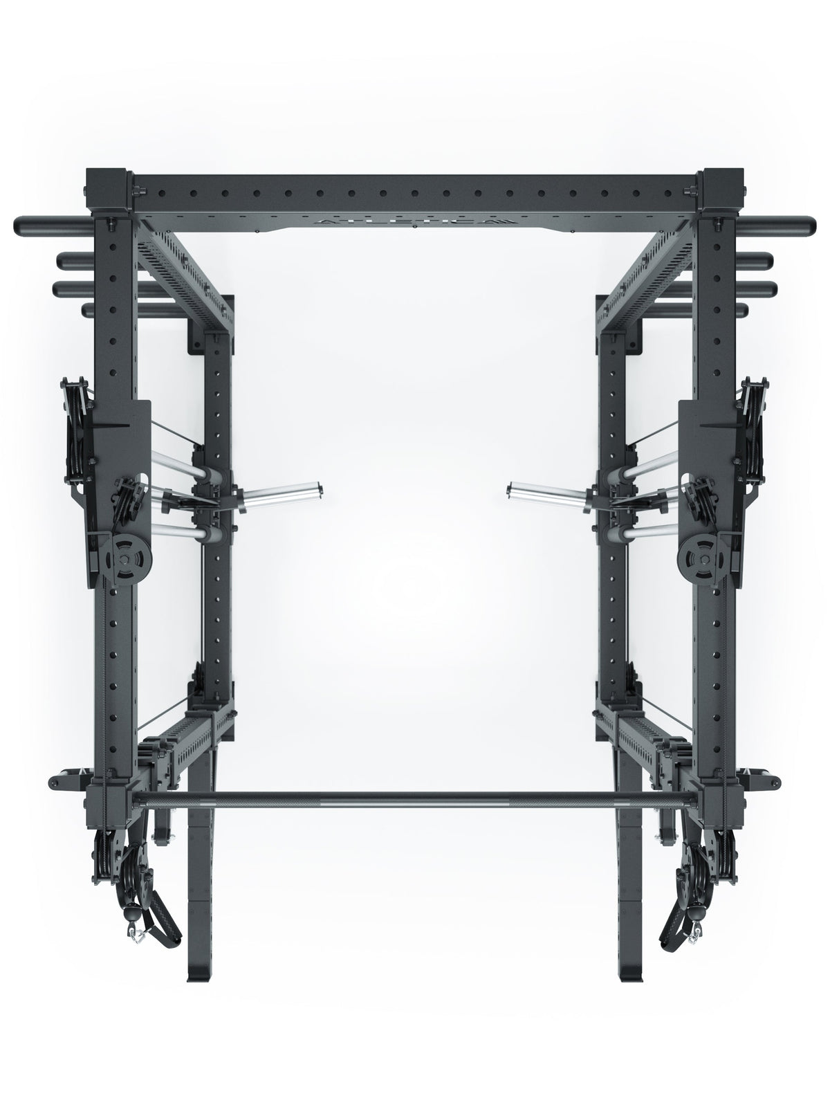 Atletica R8 Bradley Long plate loaded power rack, top view
