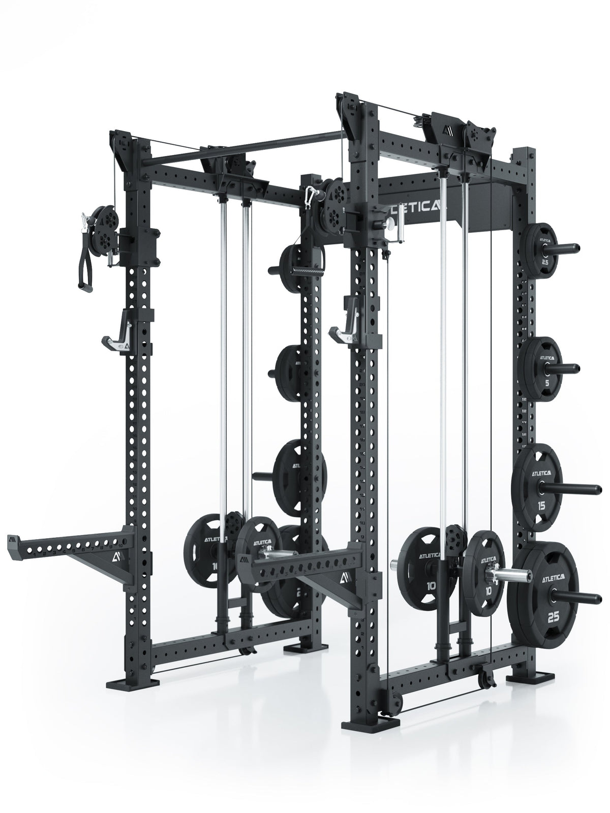 Atletica R8 Bradley Long plate loaded power rack with gripper plates, safety arms and j-hooks