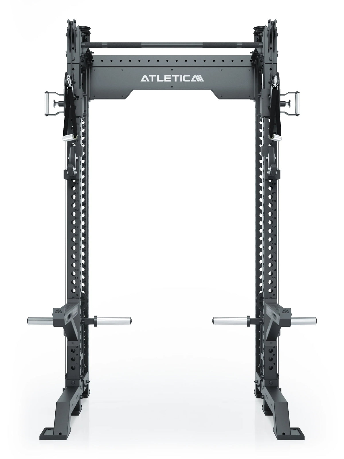 R8 Bradley Power Rack Short Plate Loaded with weight plate holders and pull-up bar 