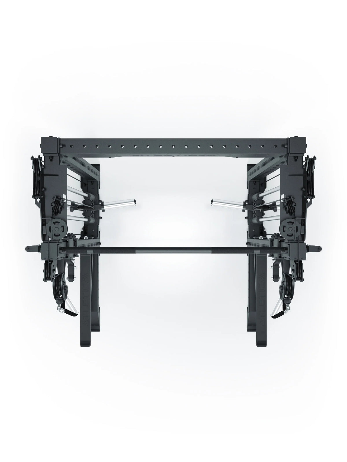R8 Bradley Power Rack Short Plate Loaded with Barbell, Cable Pulley and black 75x75-mm Frame 