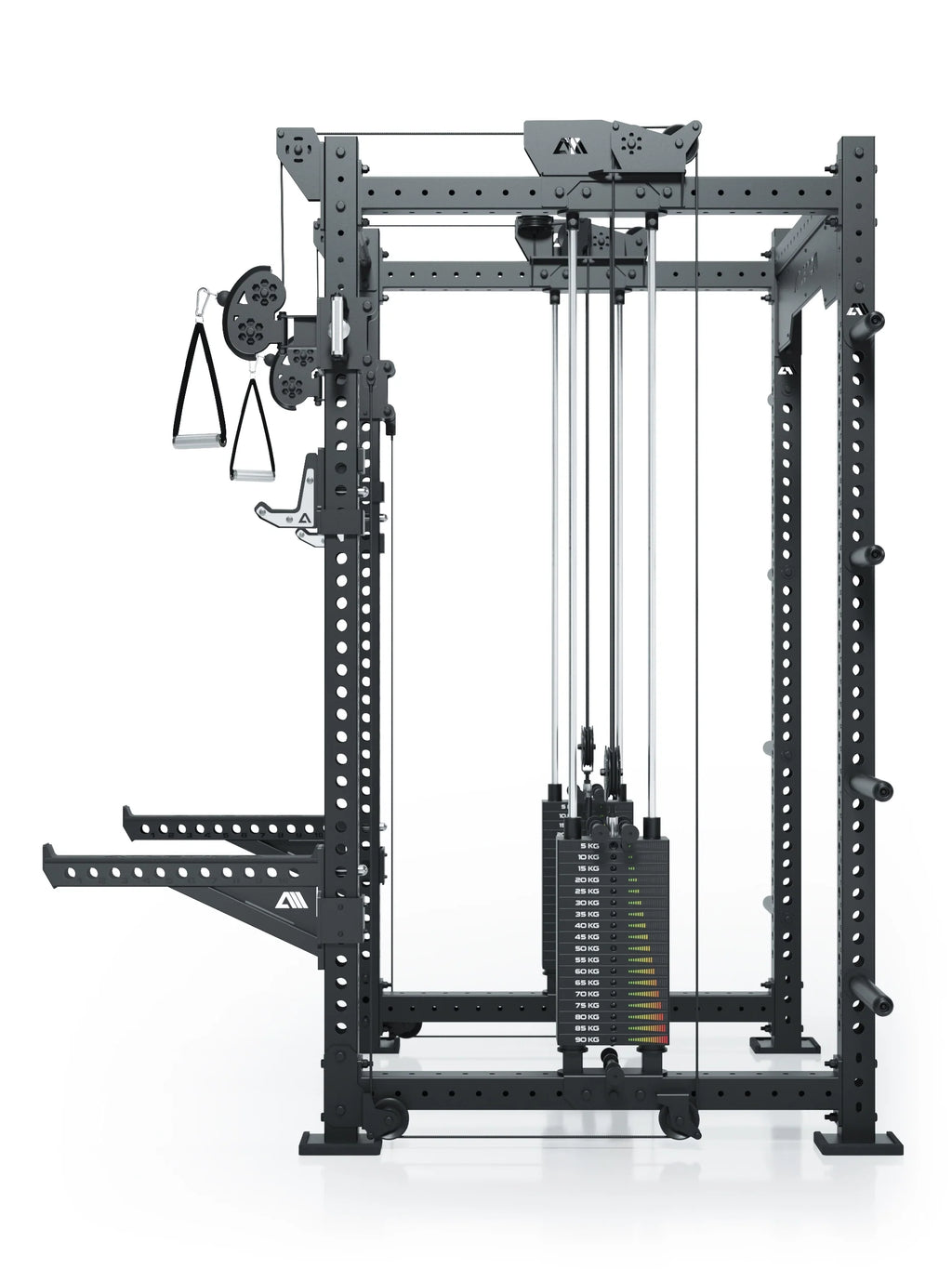 R8 Bradley Power Rack - black cage with weight stack, cable pulley, handles