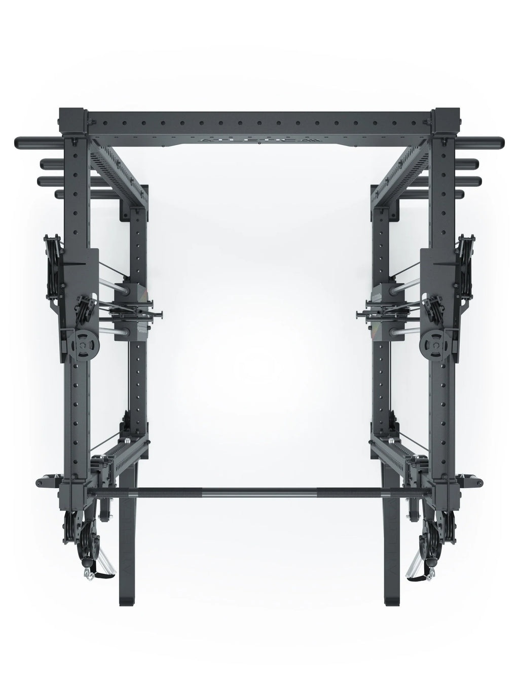 R8 Bradley Long - Black power rack with two weight stacks, cable pulley, pull-up bar