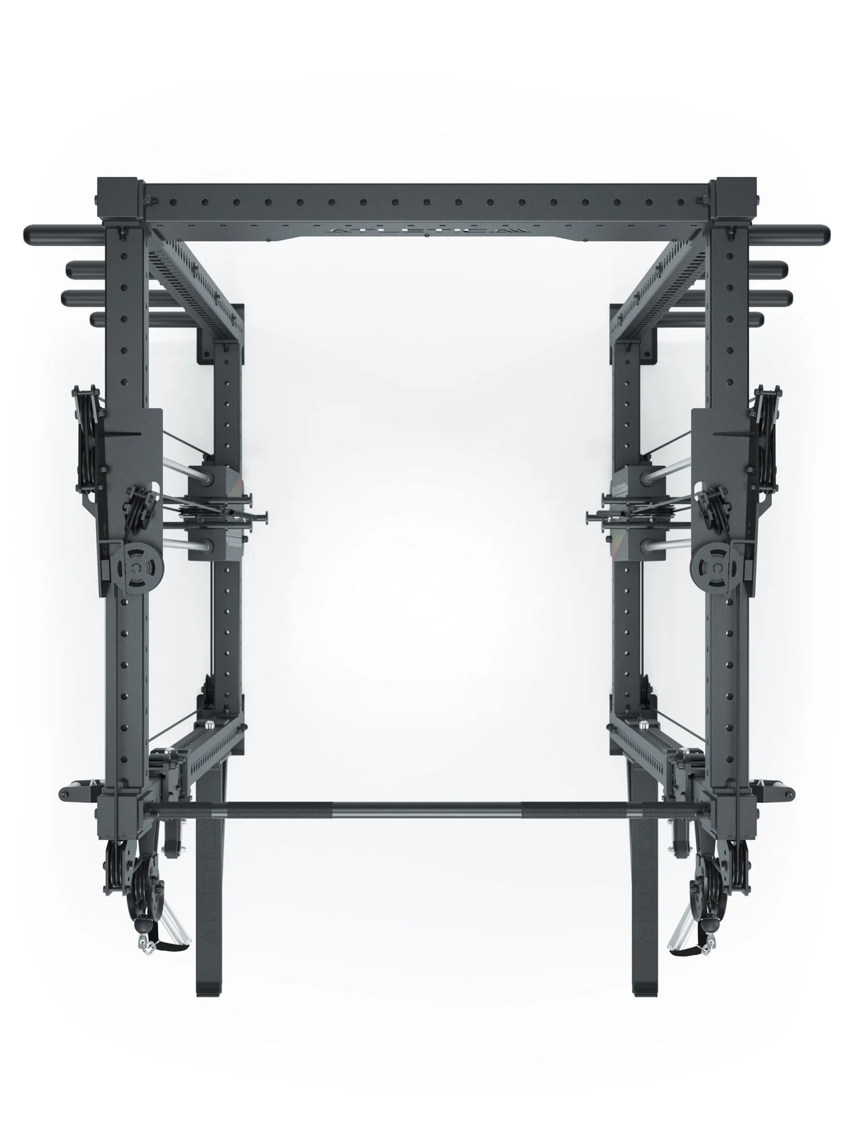 R8 Bradley Long - Black power rack with two weight stacks, cable pulley, pull-up bar