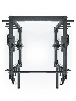 R8 Bradley Long - Black power rack with two weight stacks, cable pulley, pull-up bar