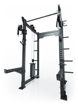 R8 Bradley Power Rack - black cage with lat pulldown, pull-up bar, weight plate holders