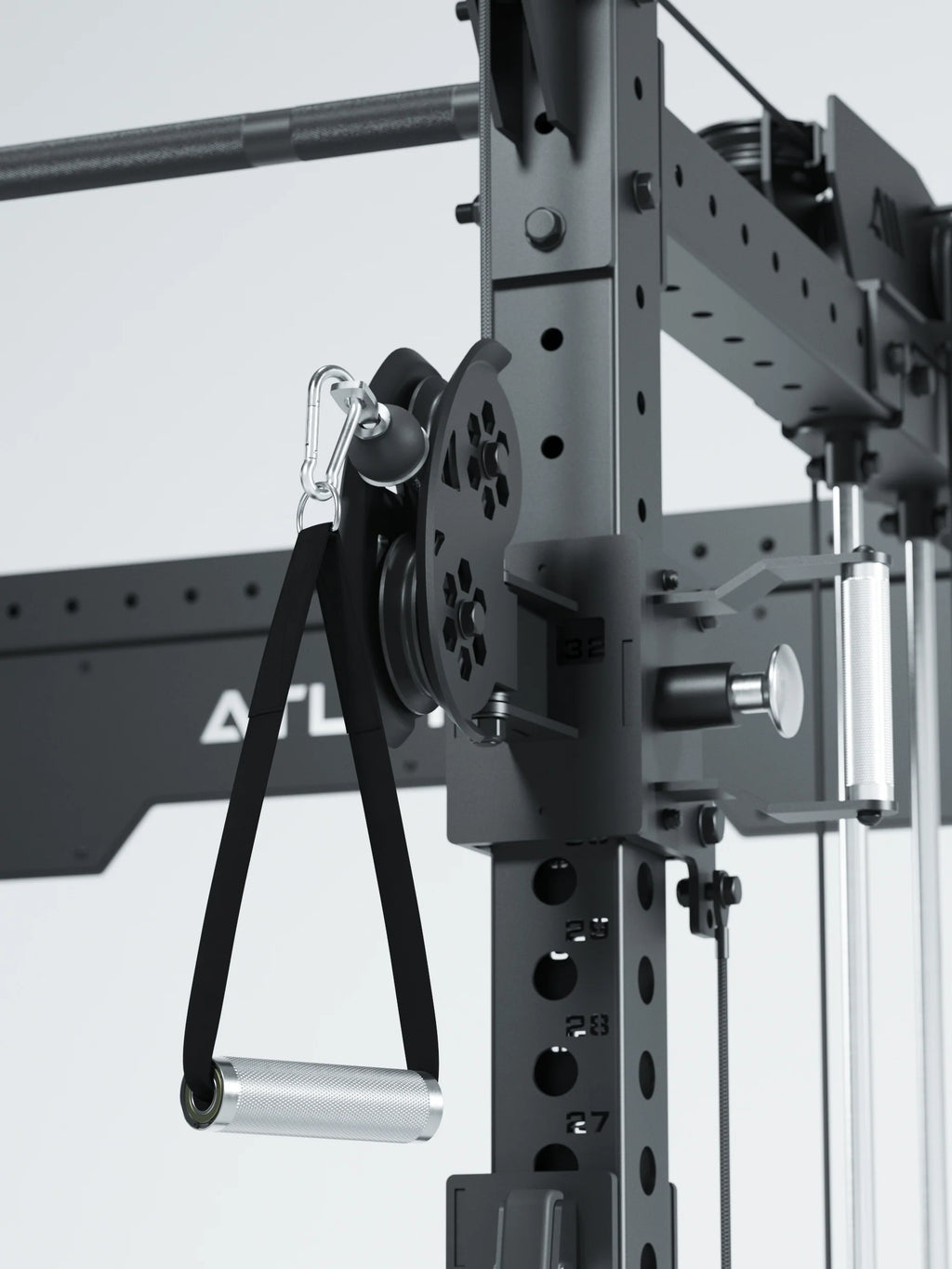 R8 Bradley Power Rack - Cable Pulley with Handle, Carabiner Hook, Perforated Sheet, Weight Stack