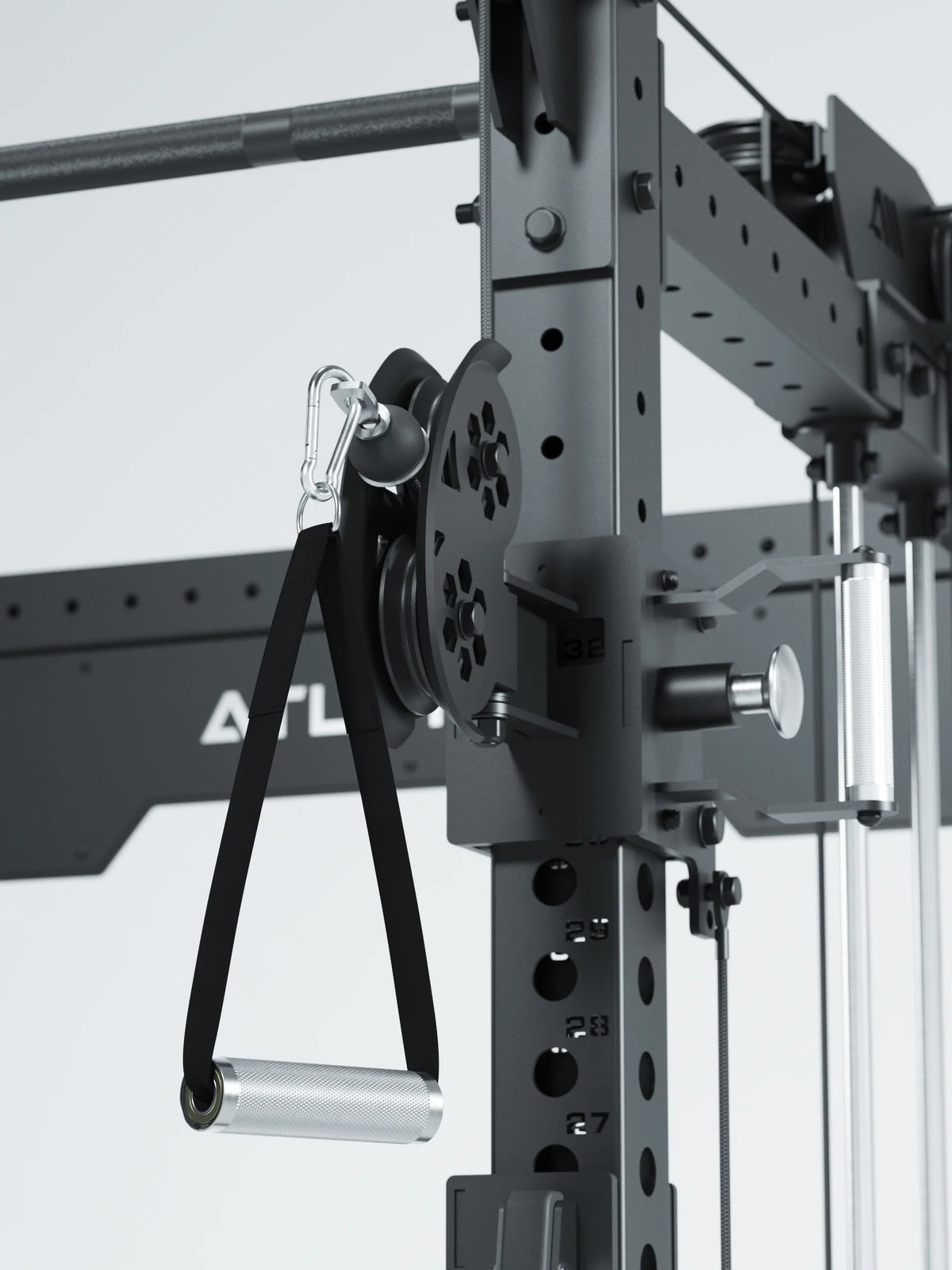 R8 Bradley Power Rack - Cable Pulley with Handle, Carabiner Hook, Perforated Sheet, Weight Stack