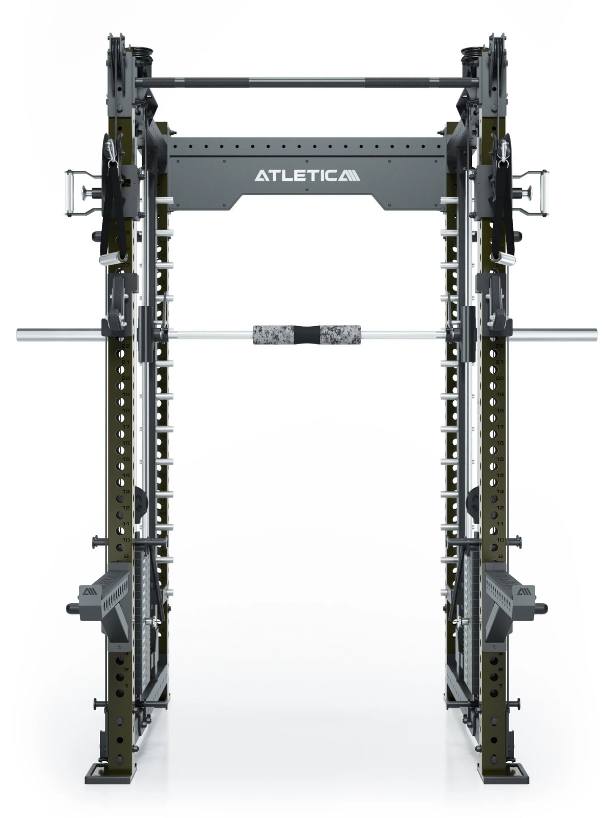 R8 Bradley Combat Long Power Rack with dual Cable Pulley and 2x210 lb Weight Stacks, in Military Green