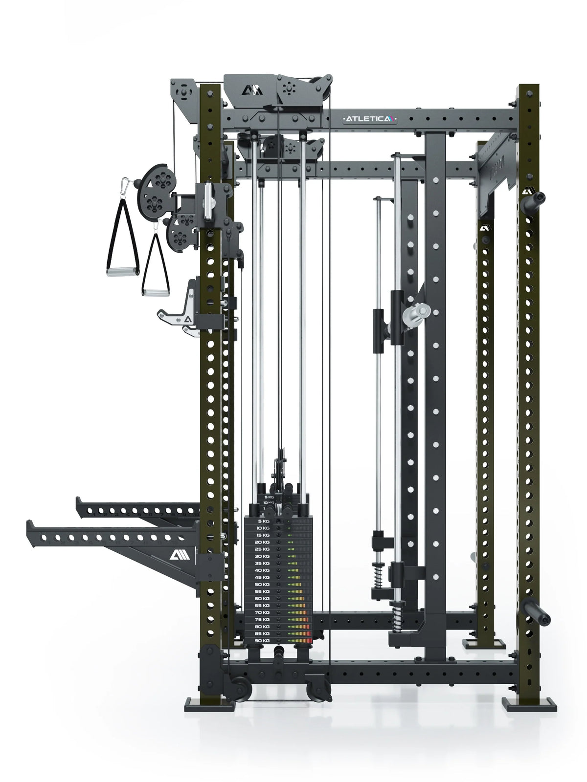 R8 Bradley Combat Long Power Rack with two 210 lb weight stacks, cable pull, handles, military green