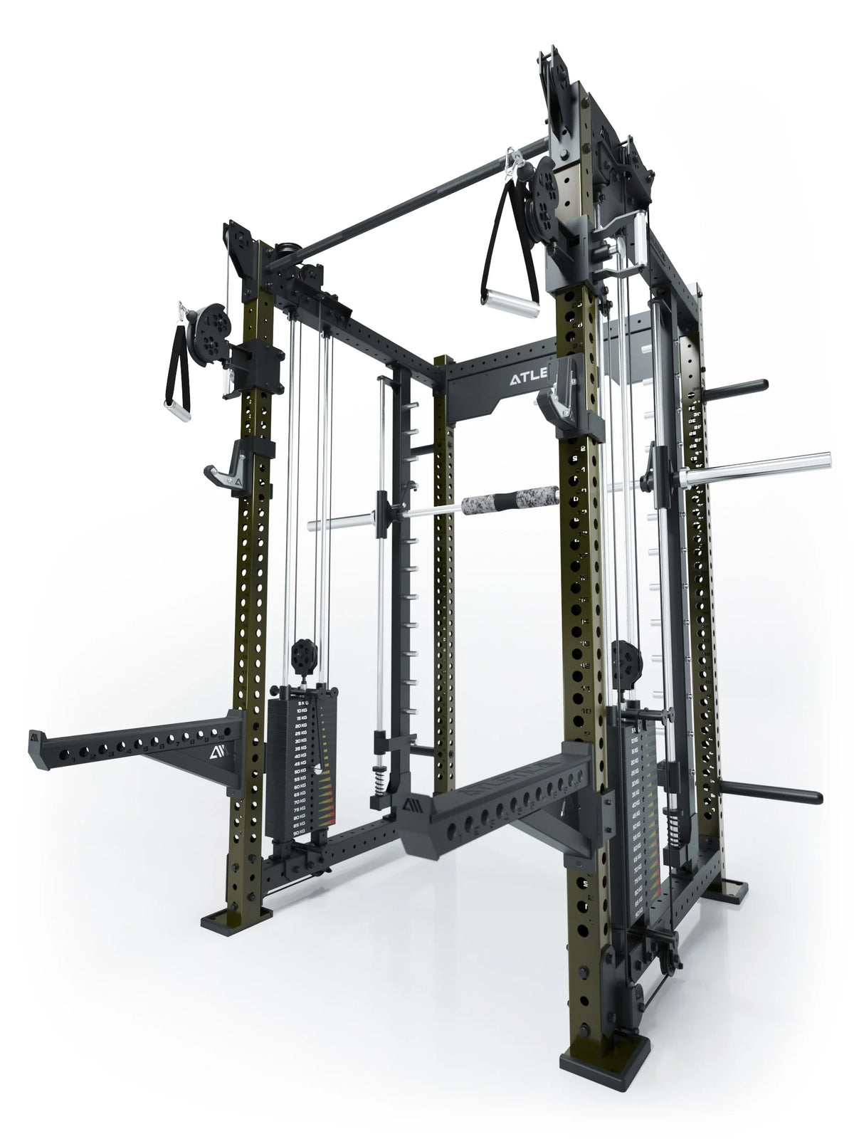 R8 Bradley Combat Long Power Rack in Military Green - with dual cable pulley and 2x210 lb weight stacks
