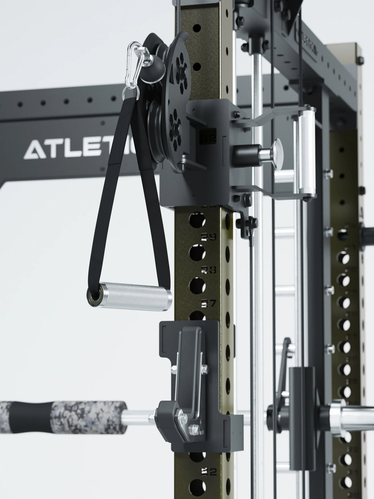 R8 Bradley Combat Long Power Rack with cable pull, barbell, weight plates, modular 