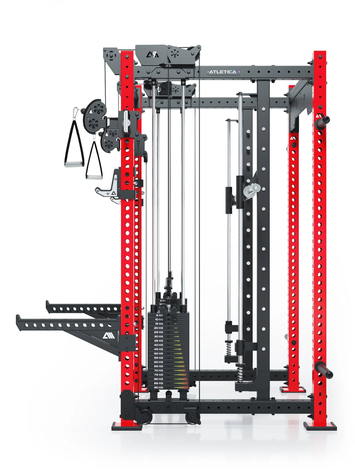 R8 Bradley Combat Long - Power Rack with two weight stacks, red supports, cable pull, handles 