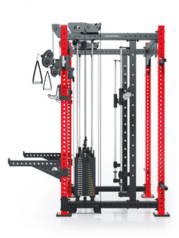 R8 Bradley Combat Long - Power Rack with two weight stacks, red supports, cable pull, handles 