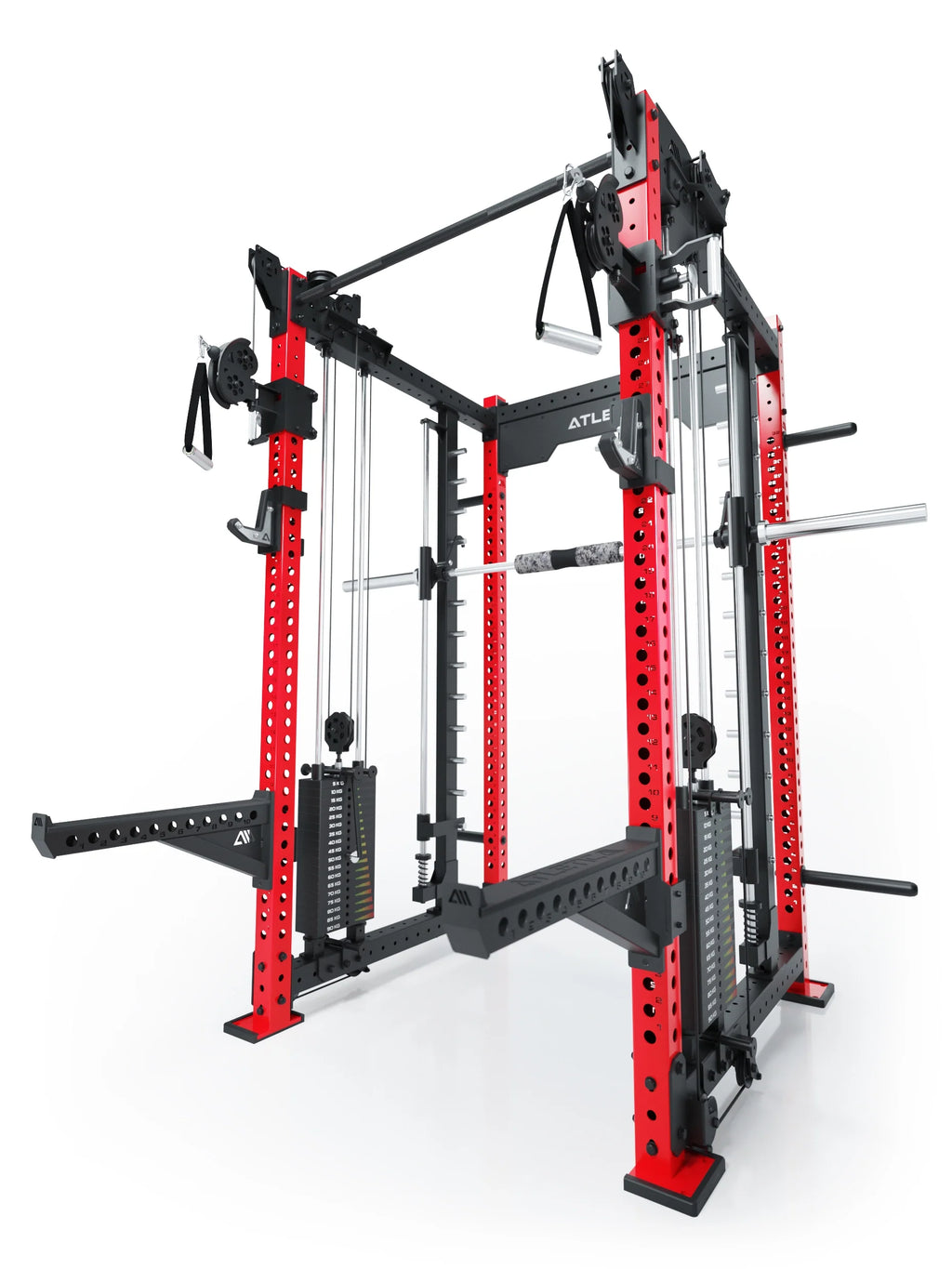 R8 Bradley Combat Long - red Power Rack with cable pulley, weight plate holders, pull-up bar 