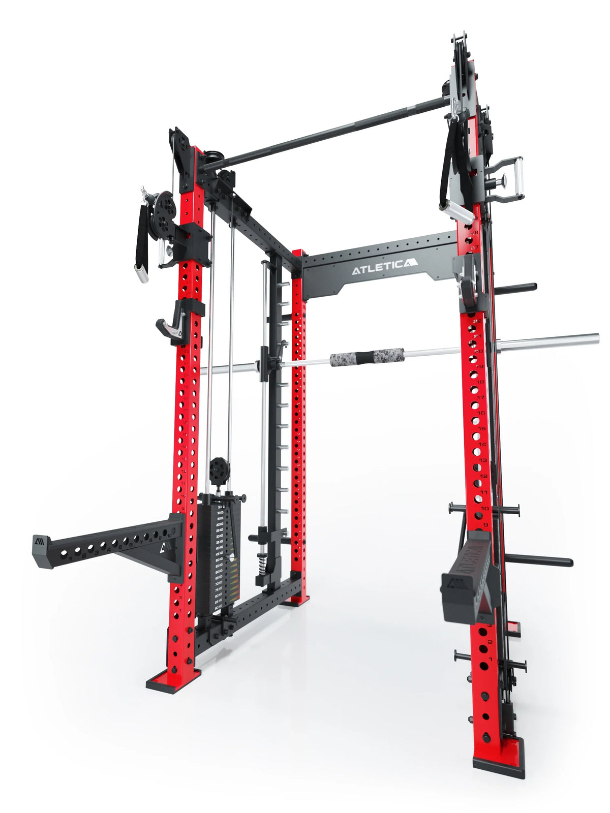 R8 Bradley Combat Long - Red Power Rack with Pull-Up Bar, Cable Pulley, weight plate holders 