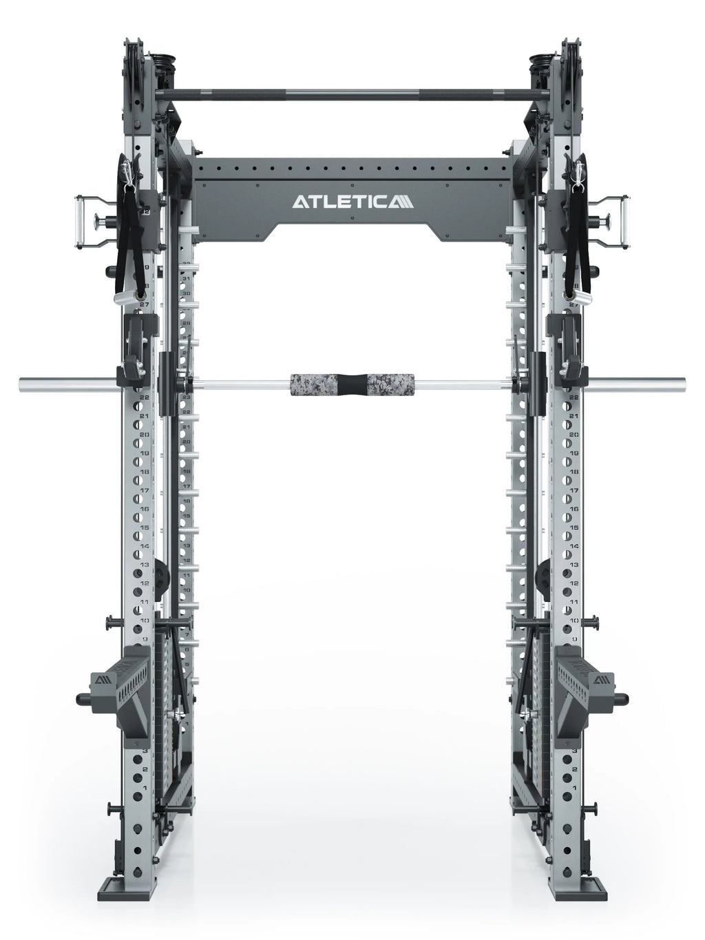 R8 Bradley Combat Long stainless steel Power Rack with barbell, cable pull and modular functional trainer