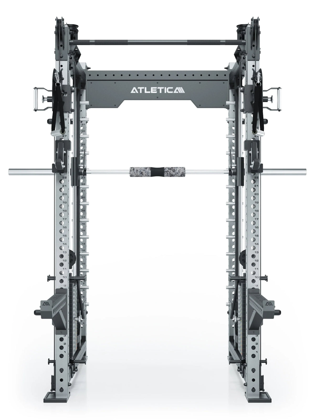 R8 Bradley Combat Long stainless steel Power Rack with barbell, cable pull and modular functional trainer