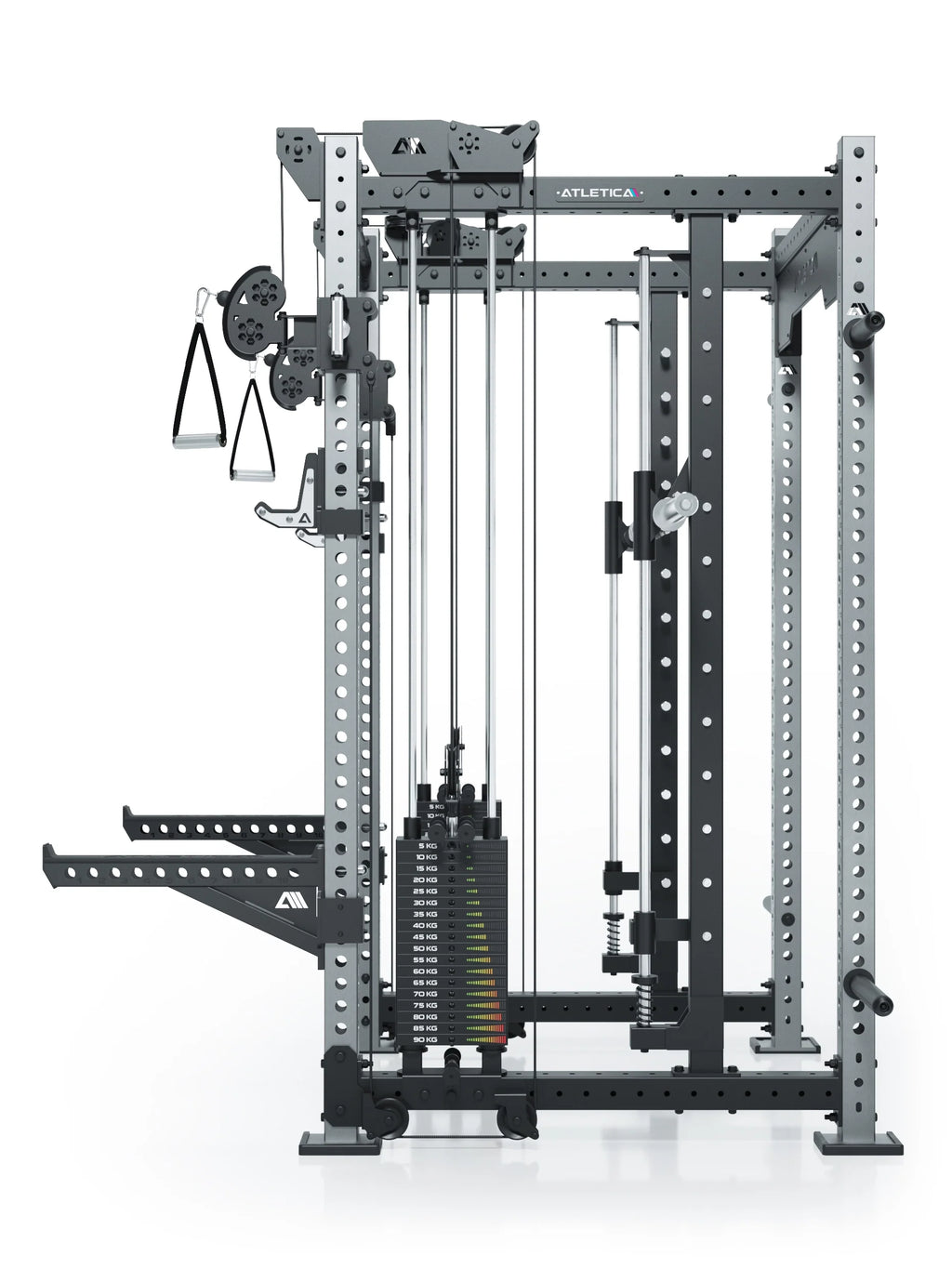 R8 Bradley Combat Long Stainless Steel Power Rack with two weight stacks, handles and stainless steel frame