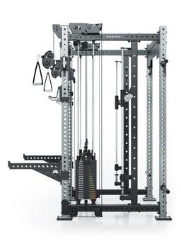R8 Bradley Combat Long Stainless Steel Power Rack with two weight stacks, handles and stainless steel frame
